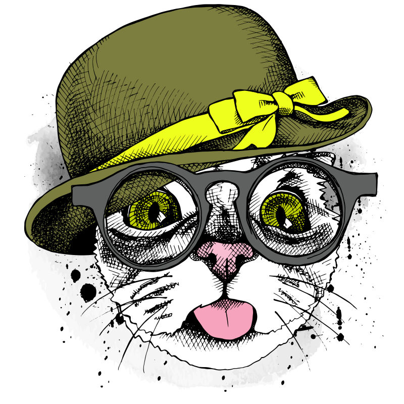 矢量可爱的戴眼镜帽子的猫咪插图