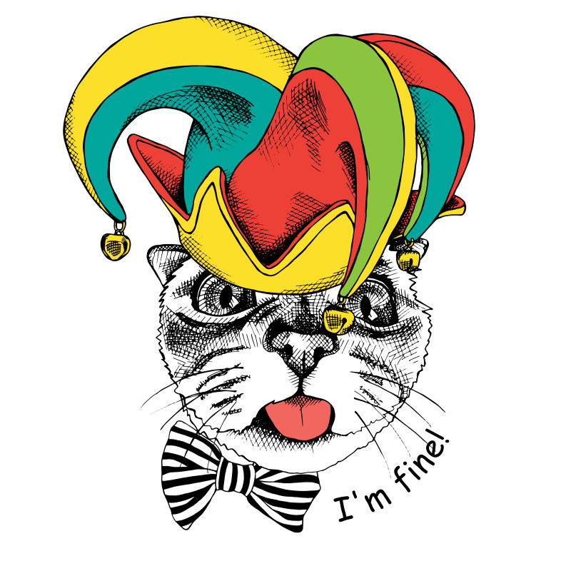 抽象矢量戴小丑帽子的猫咪插图