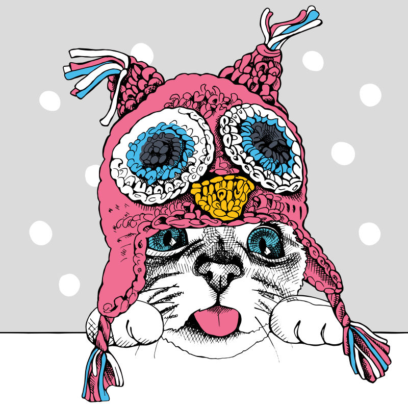 抽象矢量戴粉色帽子的猫咪插图