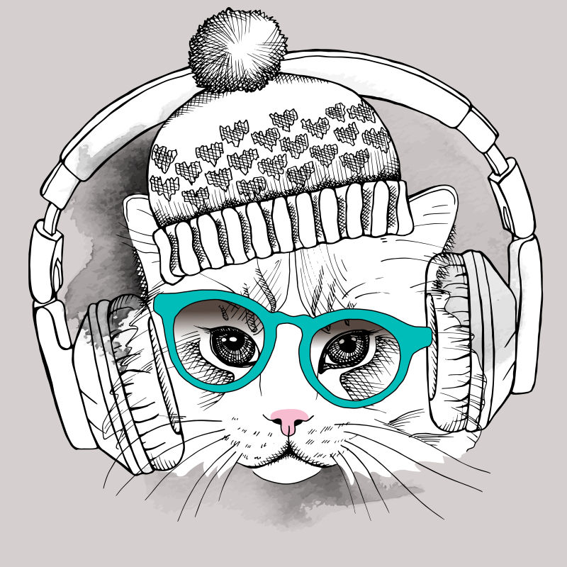 抽象矢量戴帽子耳机的布偶猫插图