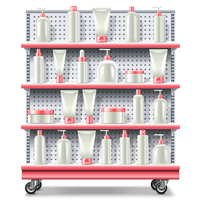 创意矢量货架上的护肤品包装盒设计