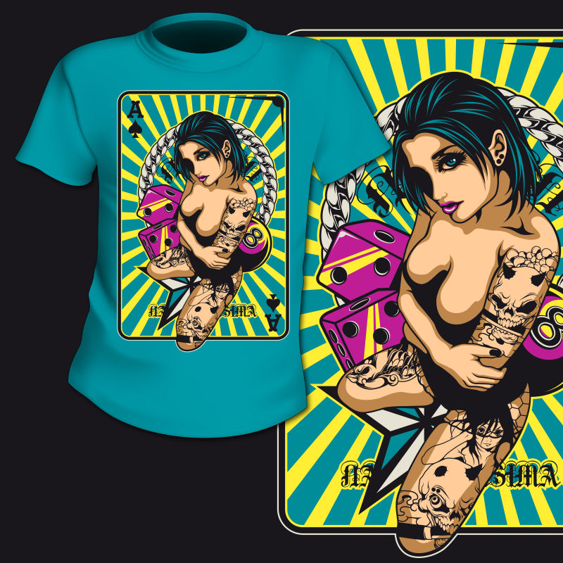 蓝色T恤纹身少女印花矢量图