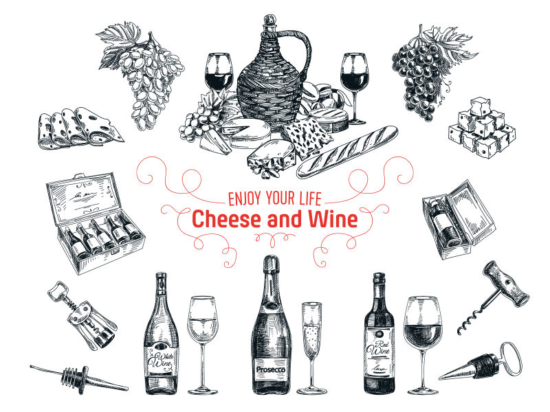 矢量的手绘葡萄酒插图设计