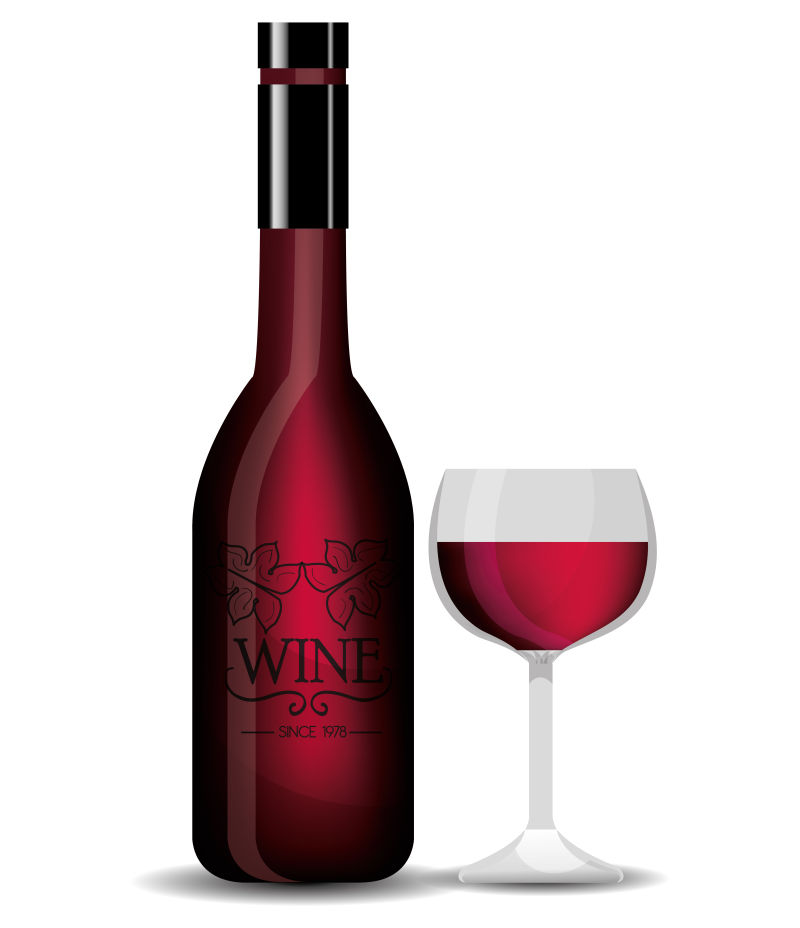 白色背景上的矢量葡萄酒瓶和酒杯