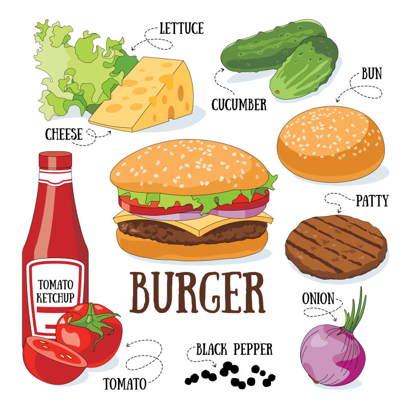汉堡及其配料矢量插图