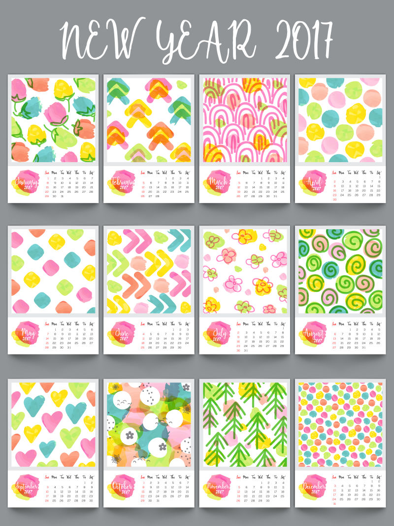 手绘水彩图案的2017日历矢量设计