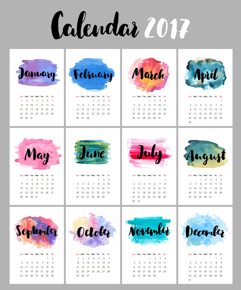 矢量的彩色水彩图案日历