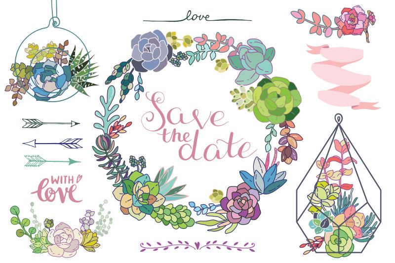 抽象彩色矢量多肉植物创意插图