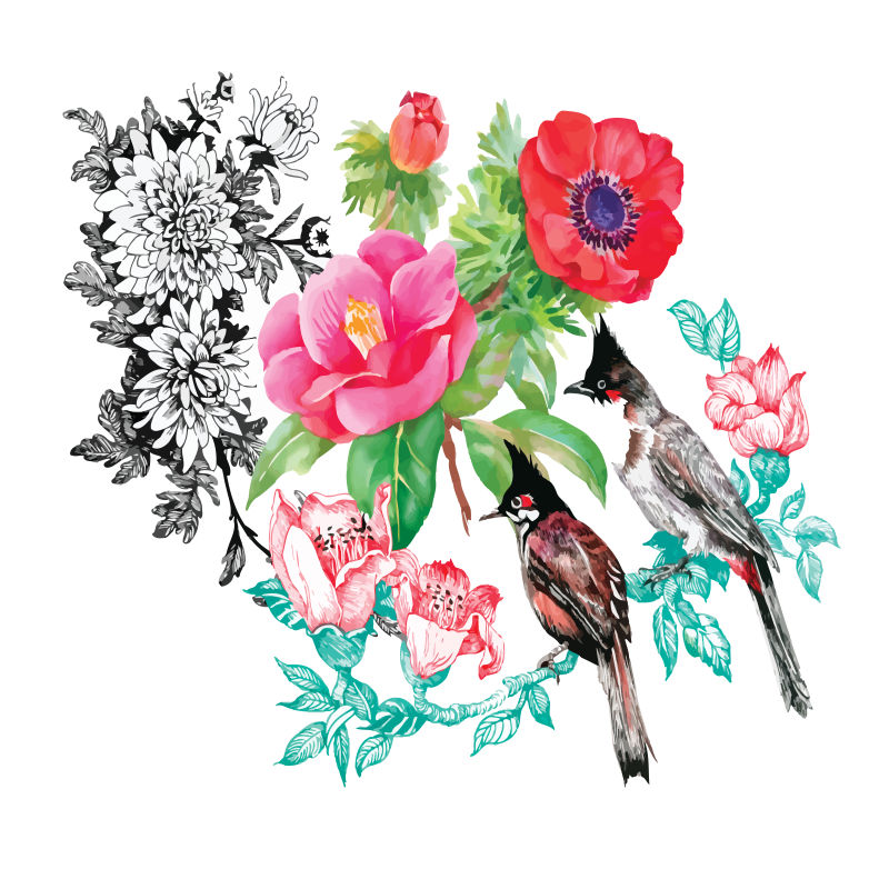 矢量抽象手绘元素的花鸟插图