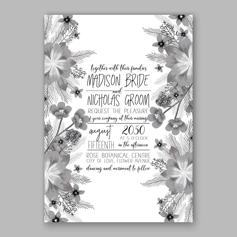 矢量灰度的花卉元素婚礼请帖设计