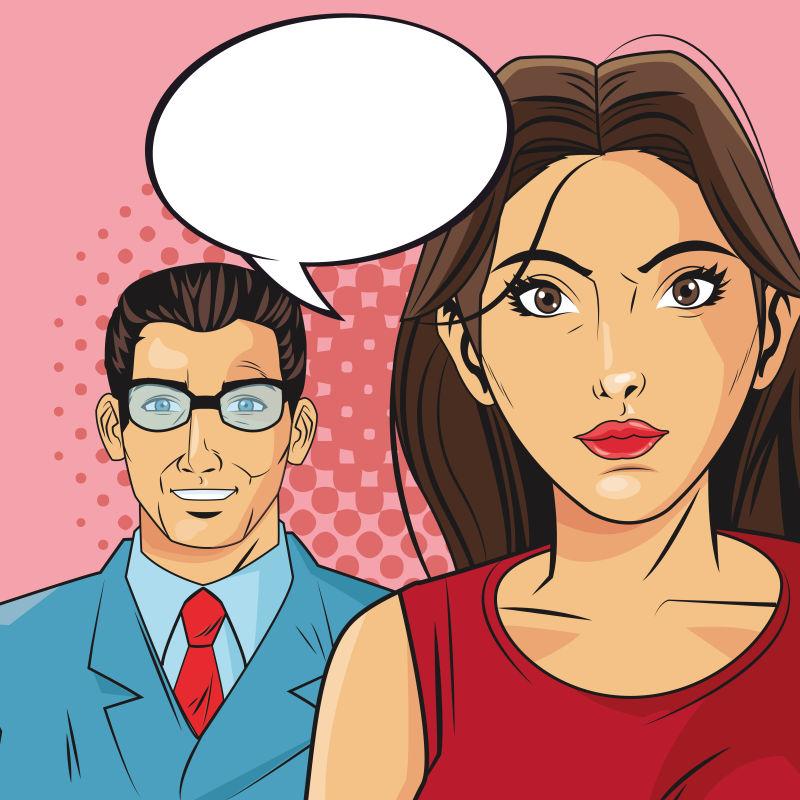 粉色背景下矢量带有白色对话框的女人和男人卡通人物设计