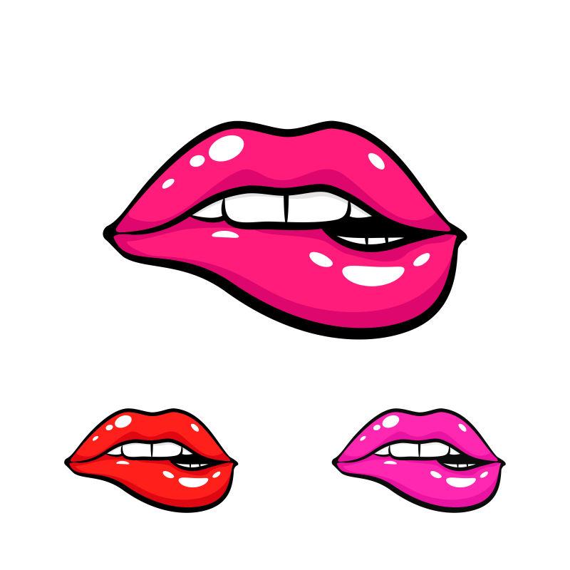 白色背景上三种颜色的女性嘴唇矢量图