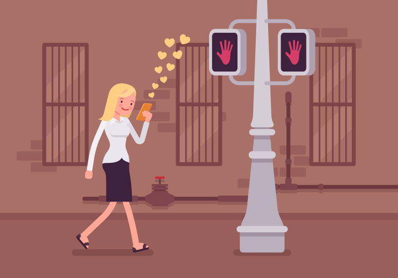 边玩手机边走路的女孩矢量插图