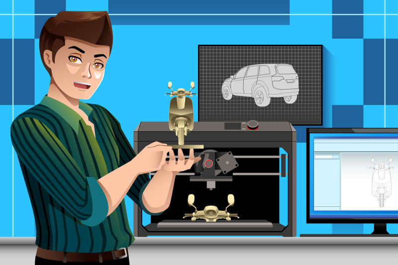 创意矢量使用3d打印机的员工插图