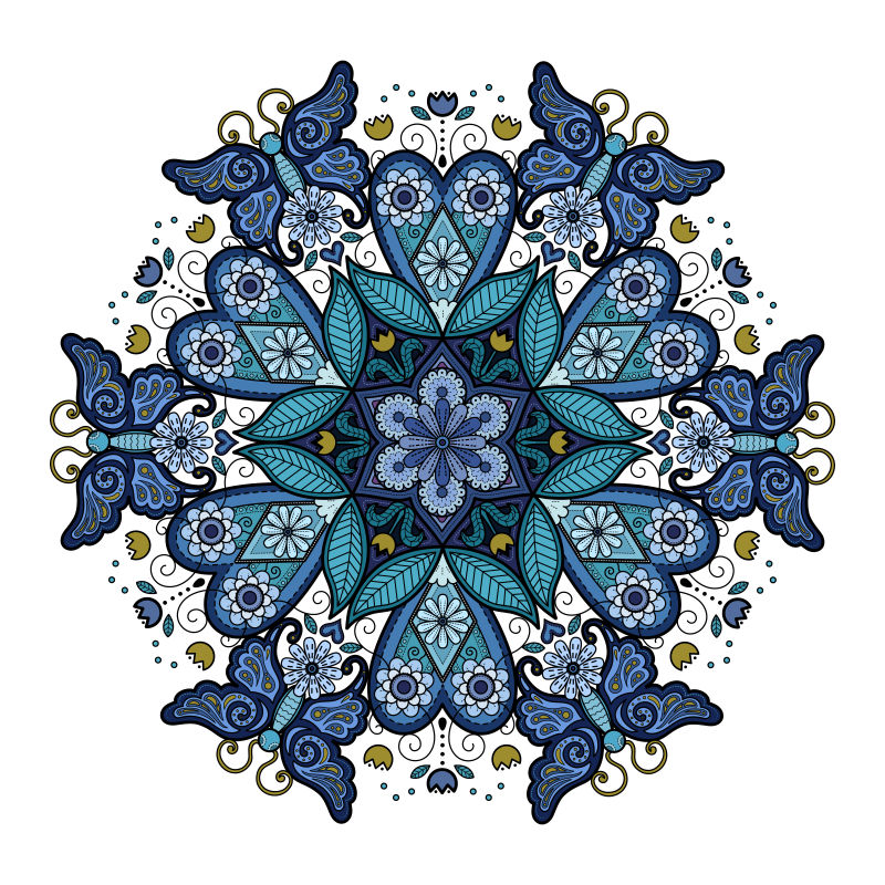 蓝色曼陀罗花卉矢量插图