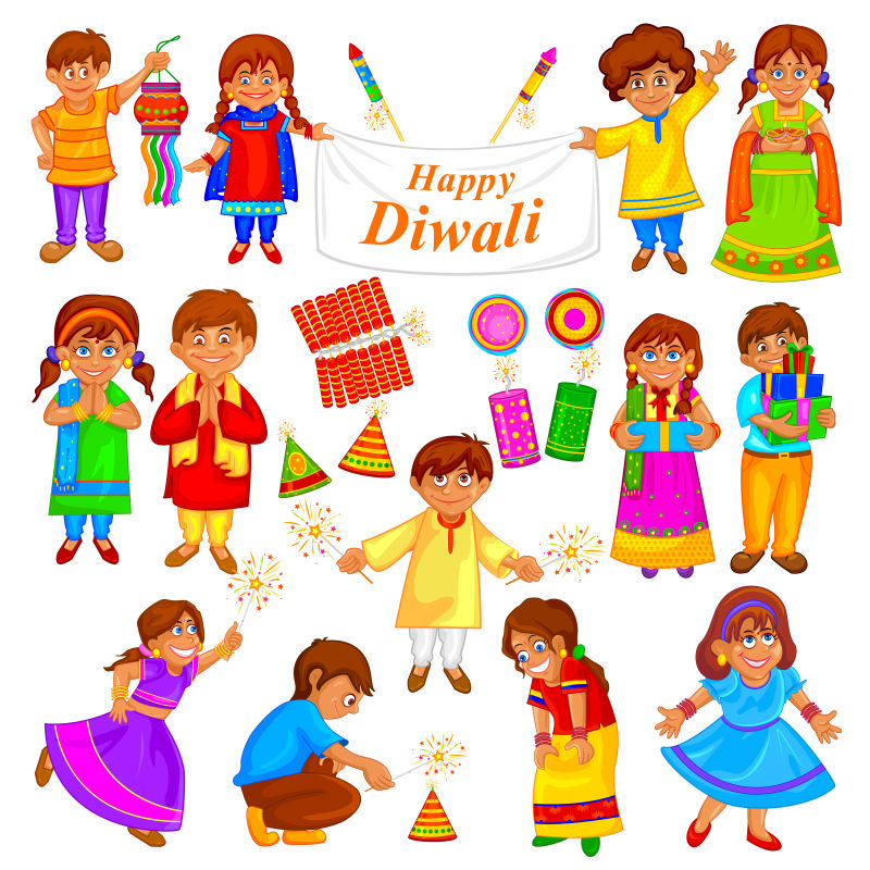 排灯节玩爆竹的儿童矢量卡通插图