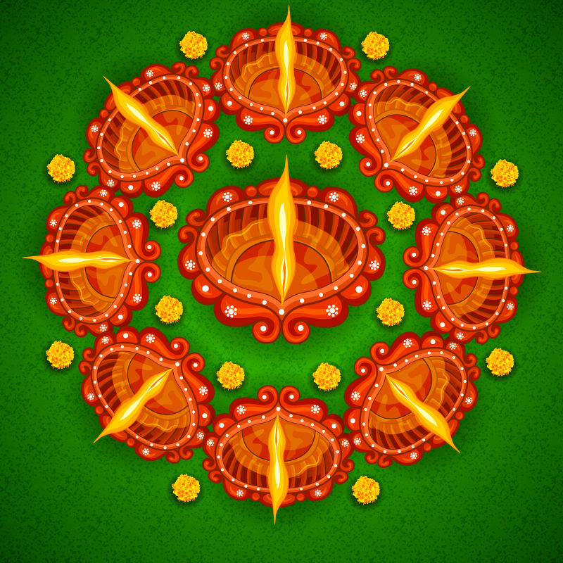 矢量排灯节油灯卡通插图