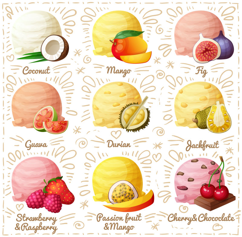 抽象矢量彩色各种味道的冰淇淋插图