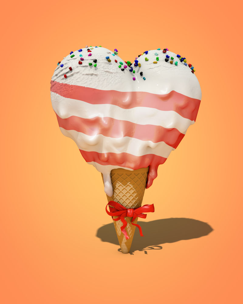 橙色背景上的爱心冰淇淋