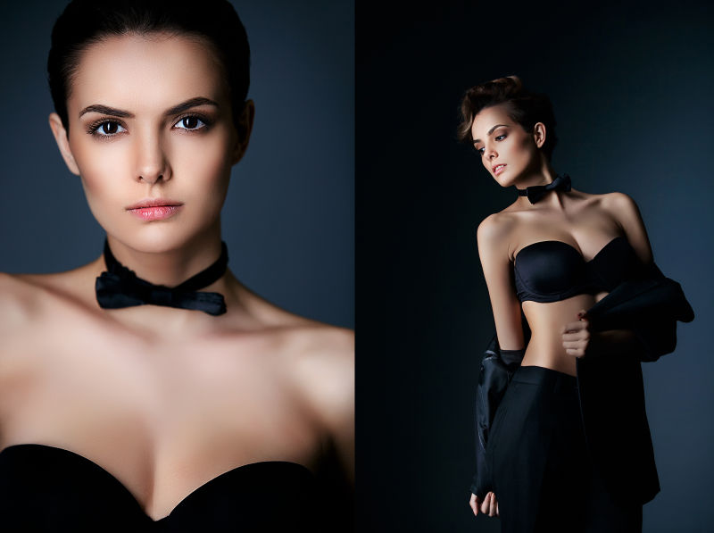 女人在性感的裙子与蝴蝶在演播室