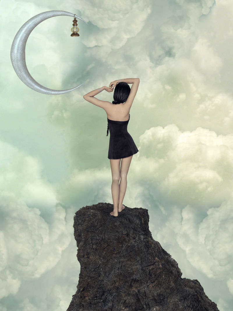 月亮和美女的背影