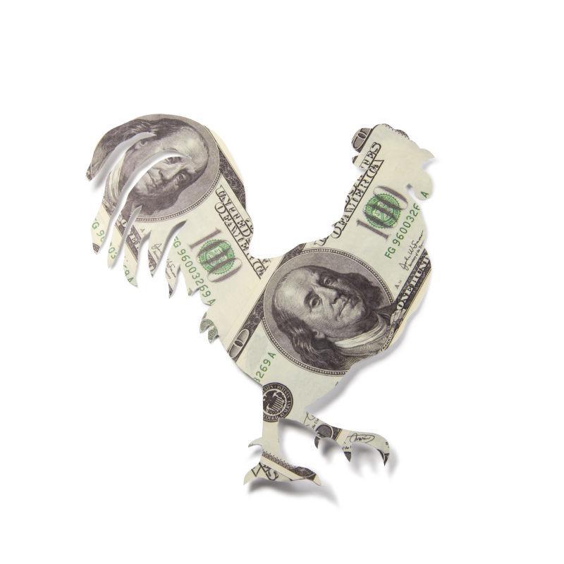 白色背景上纸币折成的公鸡