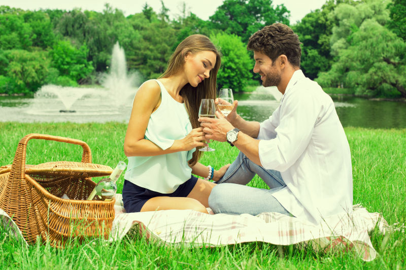 夫妇在草地上浪漫的喝着香槟