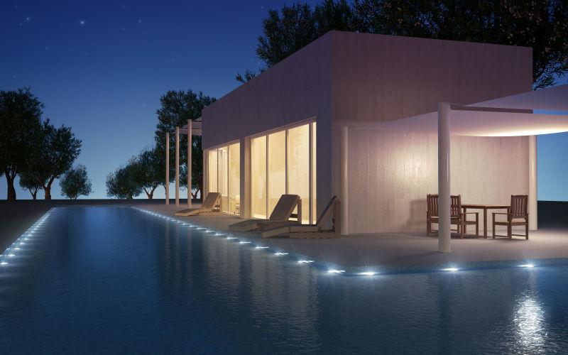 现代别墅泳池夜景