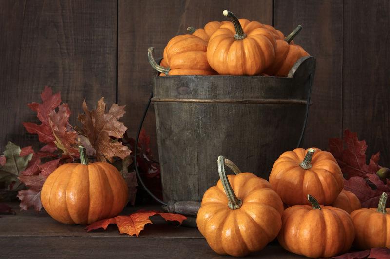 桌上木桶中的小南瓜