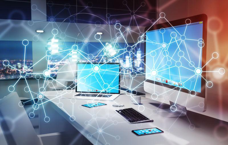 现代数字全息屏幕三维渲染办公室