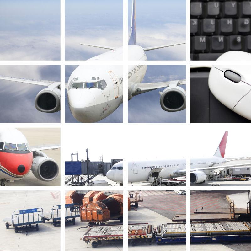 飞机行李车和电脑键盘鼠标等航空工作概念