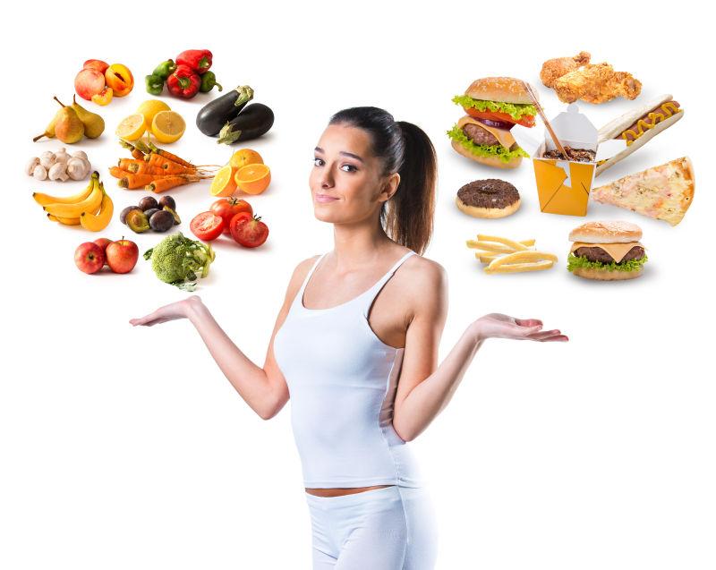 美女的健康和不健康食物对比