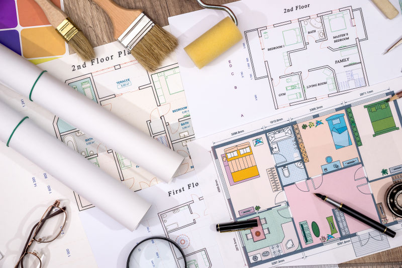 带有房屋平面图和绘图工具的彩色取样器