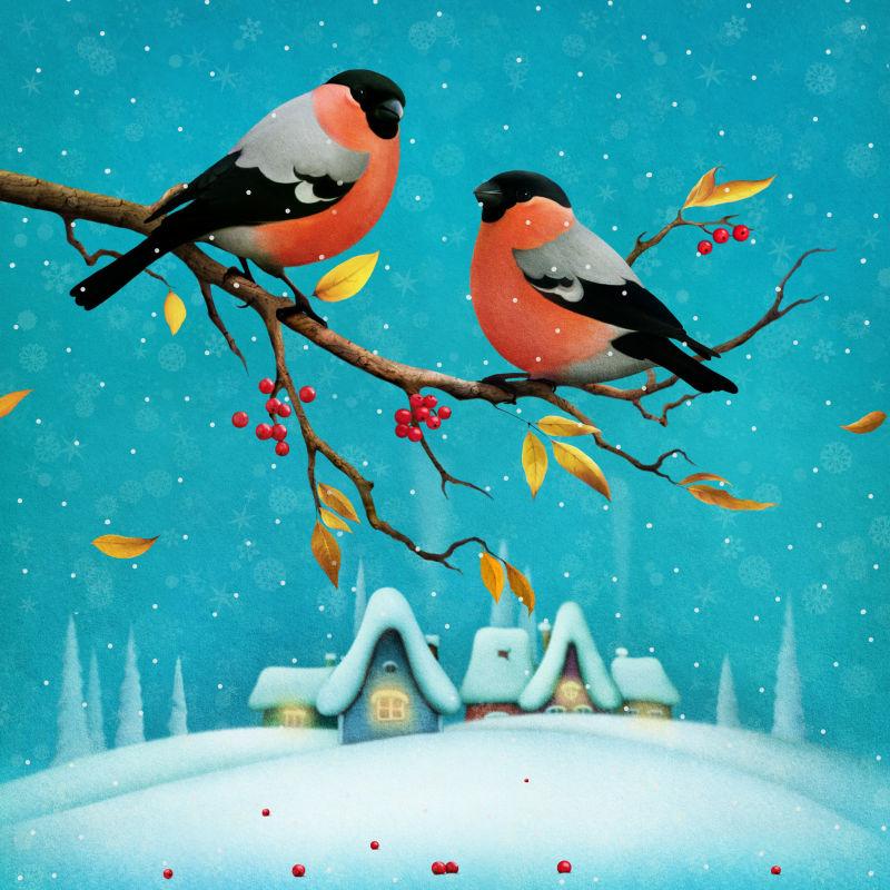 童话里的两只红雀和房子