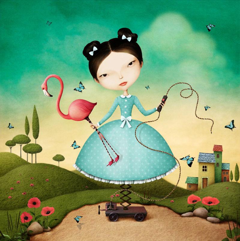 童话机械女孩与火烈鸟的概念