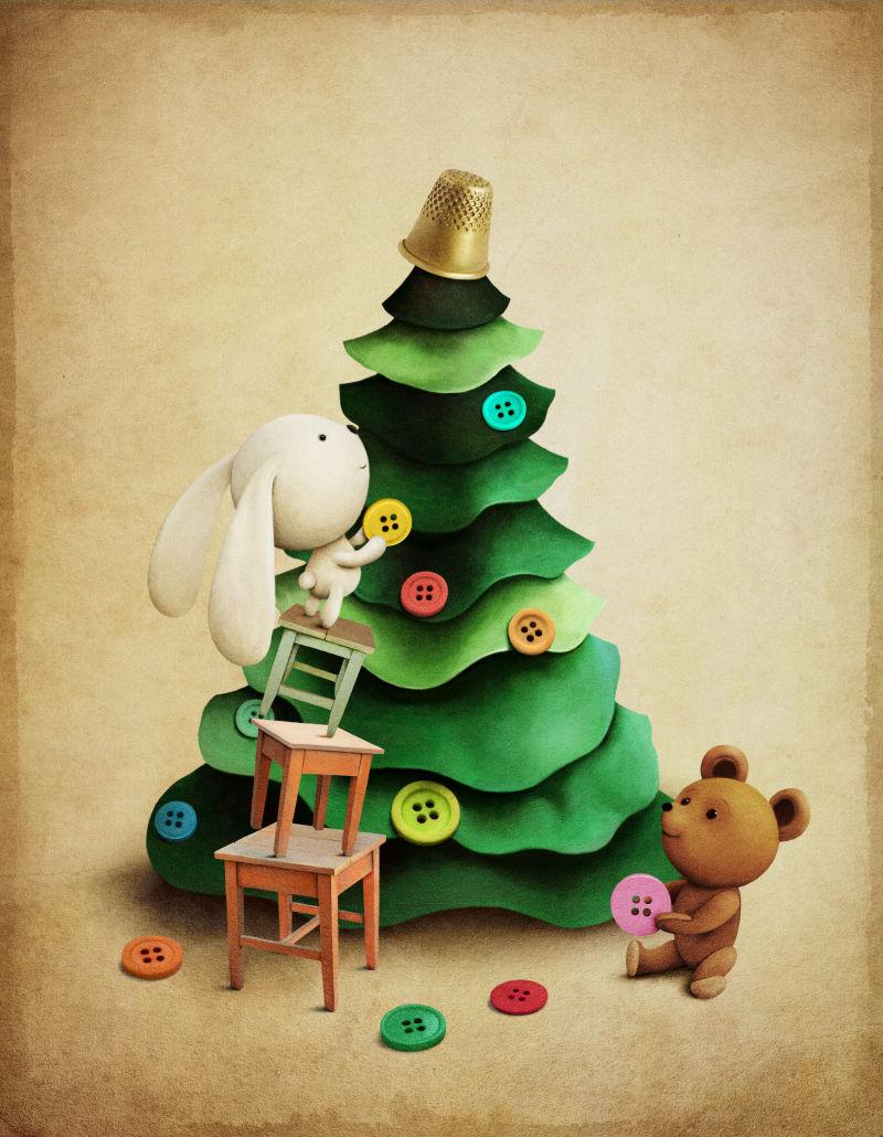 贺卡或海报圣诞冒险熊和兔子