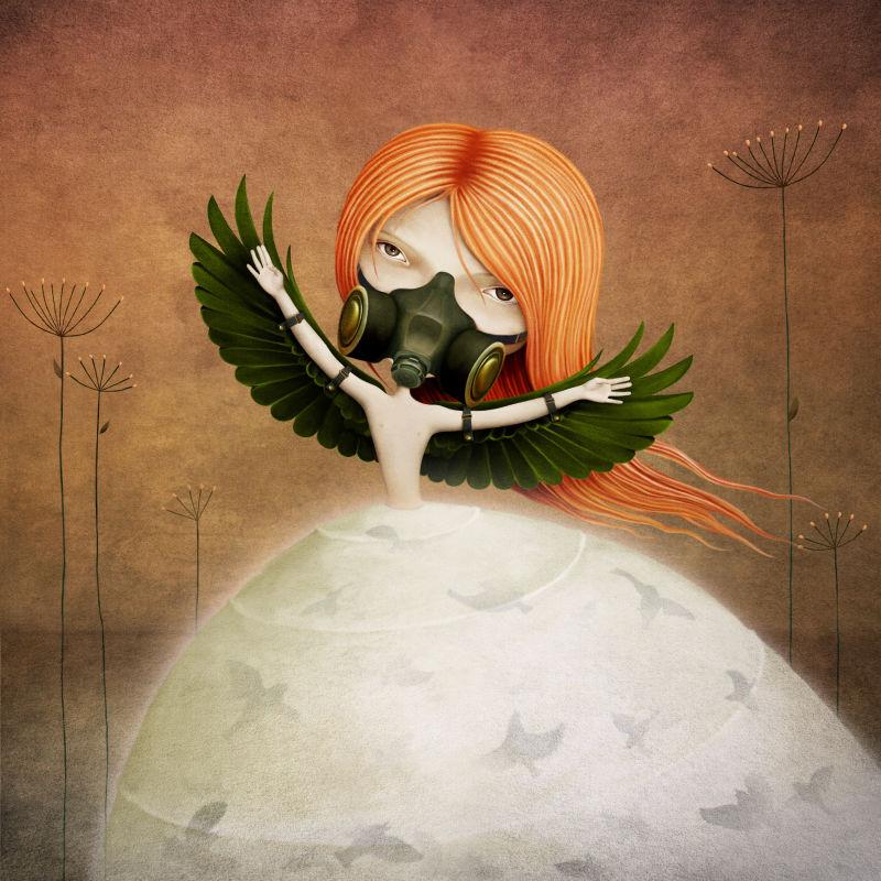 翅膀和鸟的女孩的概念