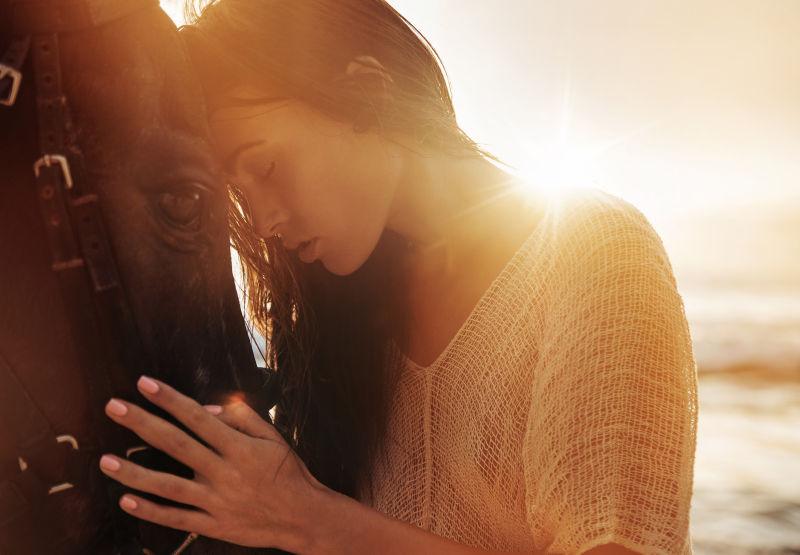 阳光海滩上的美女与马匹