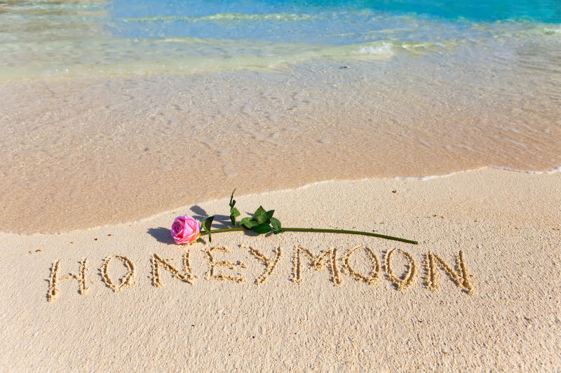 海上沙滩上的题词“蜜月”与绽放的玫瑰