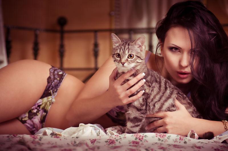 床上抱着猫咪的性感美女