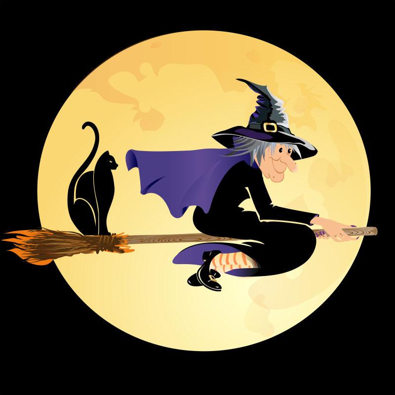 满月背景下的黑猫巫婆