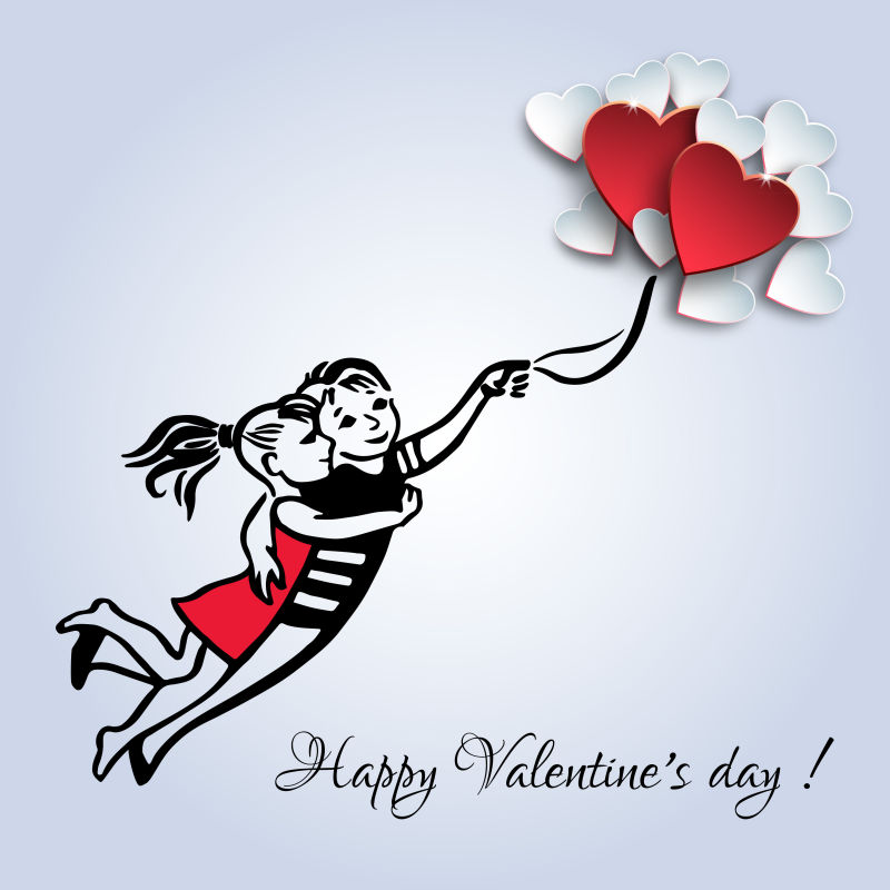 手绘情侣用气球形的心飞翔