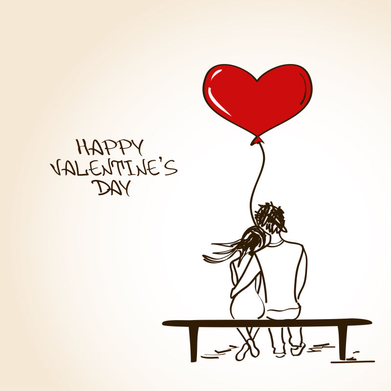 抱着情侣坐在长椅上捧着心气球的爱心贺卡