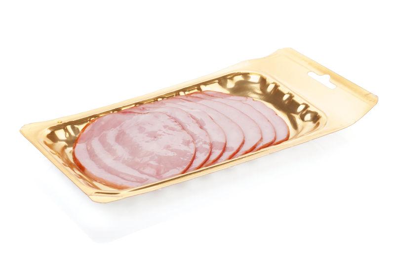 白色背景上的金色的肉片包装盒