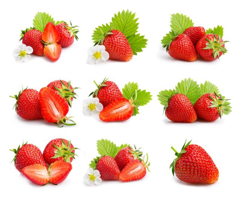 白色背景上一组成熟的草莓