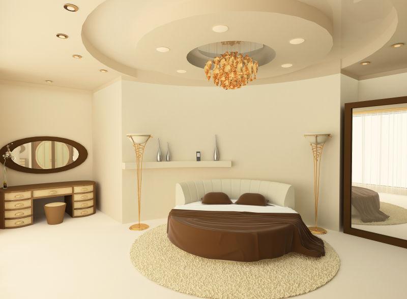 豪华装饰的室内的圆形床