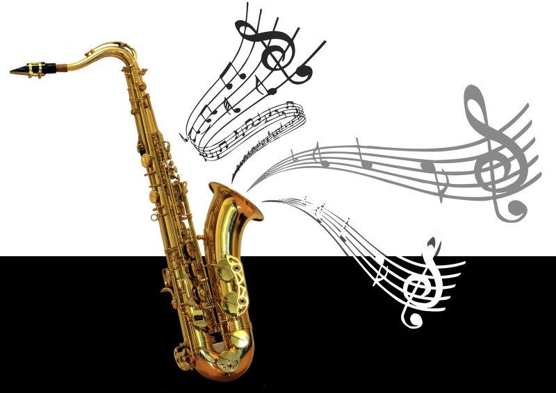 黑色和白色背景前萨克斯吹奏的音乐