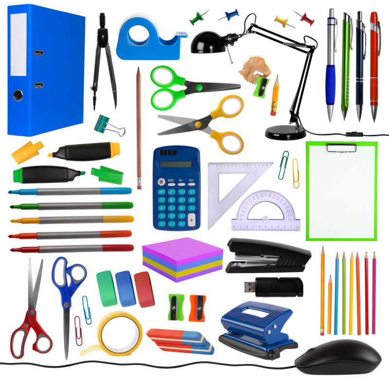 白色背景下的学生用品