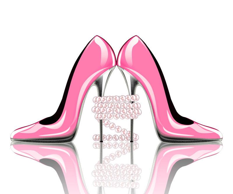 双款高跟粉红色女士鞋配珍珠首饰