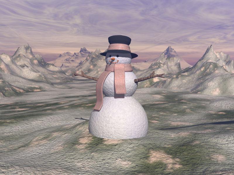 雪人站在雪上的冬天日落